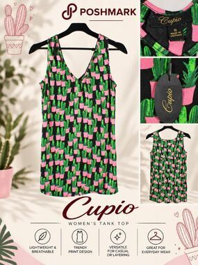 Cupio Women Small Cactus Novelty Print Sleeveless V-Neck Tank Top Black Pink NWT